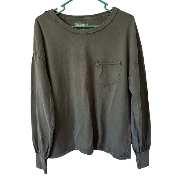 We The Free Tops - We The Free Oversized Green Distressed Long Sleeve Shirt